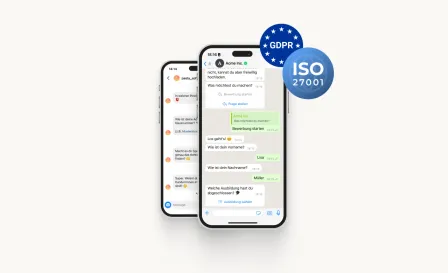 Smartphone mit einer PastaHR Chat-Bewerbung, daneben DSGVO- und ISO-27001-Siegel