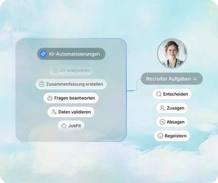 Illustration: KI-Automatisierungen übernehmen Routineaufgaben, während Recruiter entscheiden