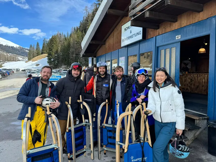 The PastaHR team sledding at the Davos offsite 2024