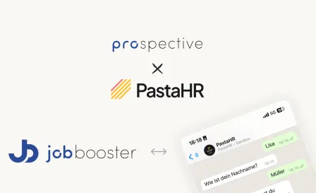 Logos von Prospective und PastaHR mit dem Jobbooster und einem WhatsApp-Chat