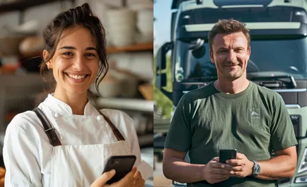 Eine Bäckerin und ein Lkw-Fahrer mit ihren Smartphones